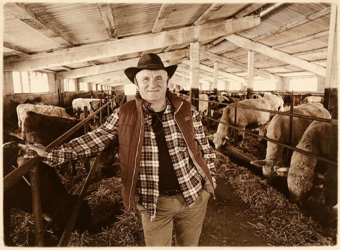 Mircea Sandu în mijlocul fermei de bovine Angus și Charolaise